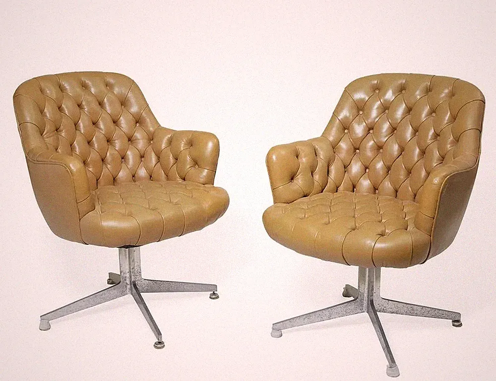 1950s Midcentury modern Tufted Beige Leather Swivel Armchairs-a Pair