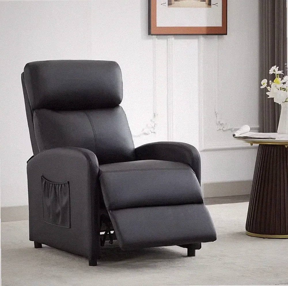 Push Back Recliner Chair Lumbar Support Padded Sidepocket Adjustable Legrest