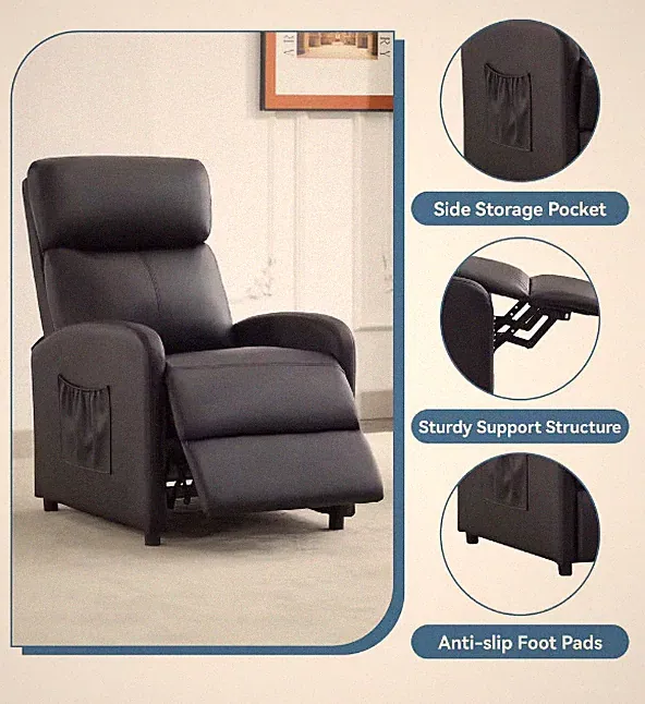 Push Back Recliner Chair with Lumbar Support, Padded Backrest, Side Pocket Home
